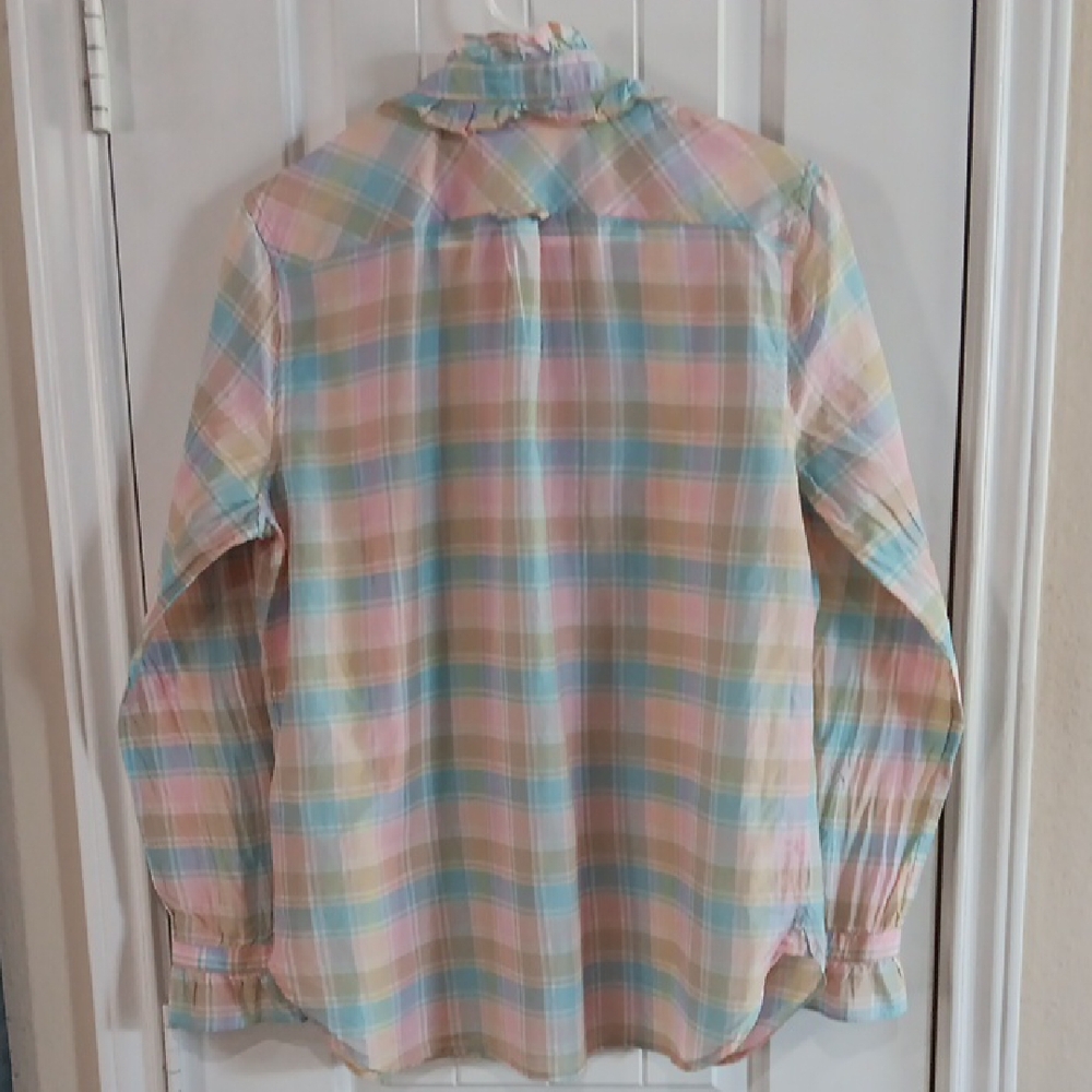 J.Crew Classic-Fit Cotton-Silk Voile Ruffleneck Shirt in Pastel Plaid.  - Picture 5 of 9